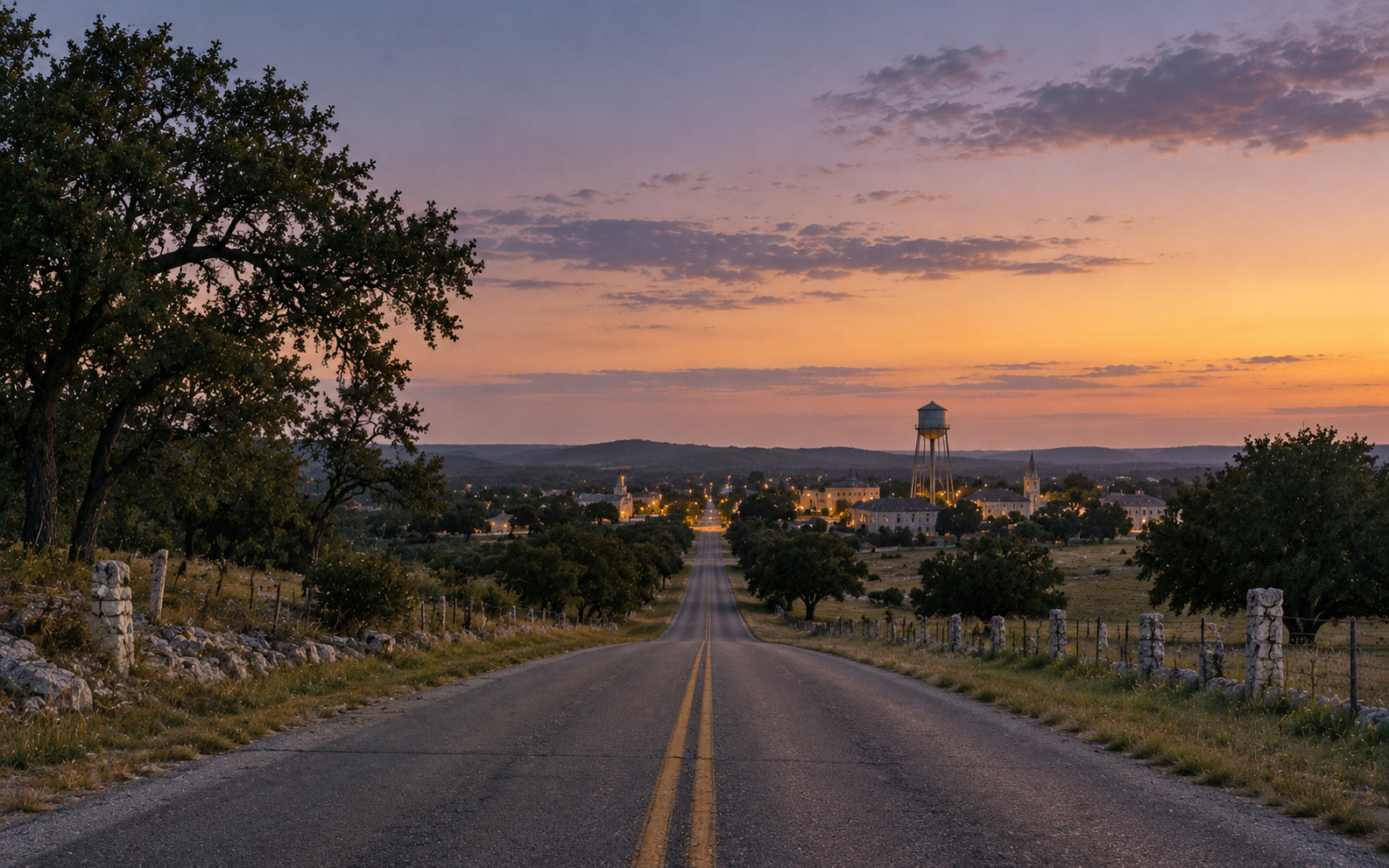 A two-lane Hill Country road at dusk leading toward a small town beneath a water tower