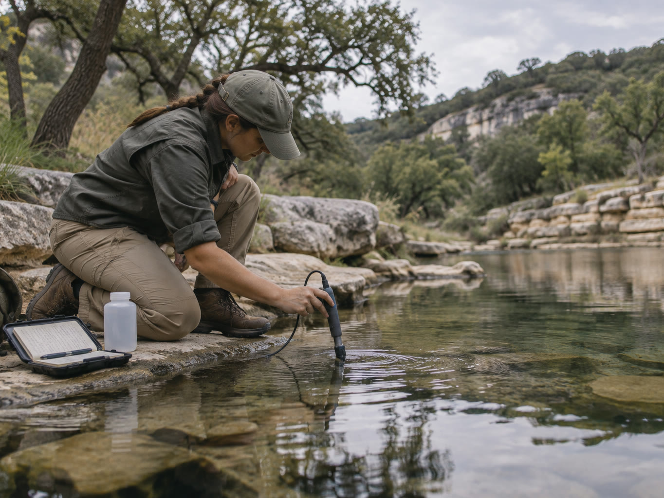 A field researcher kneeling at a clear limestone creek with a water-quality probe