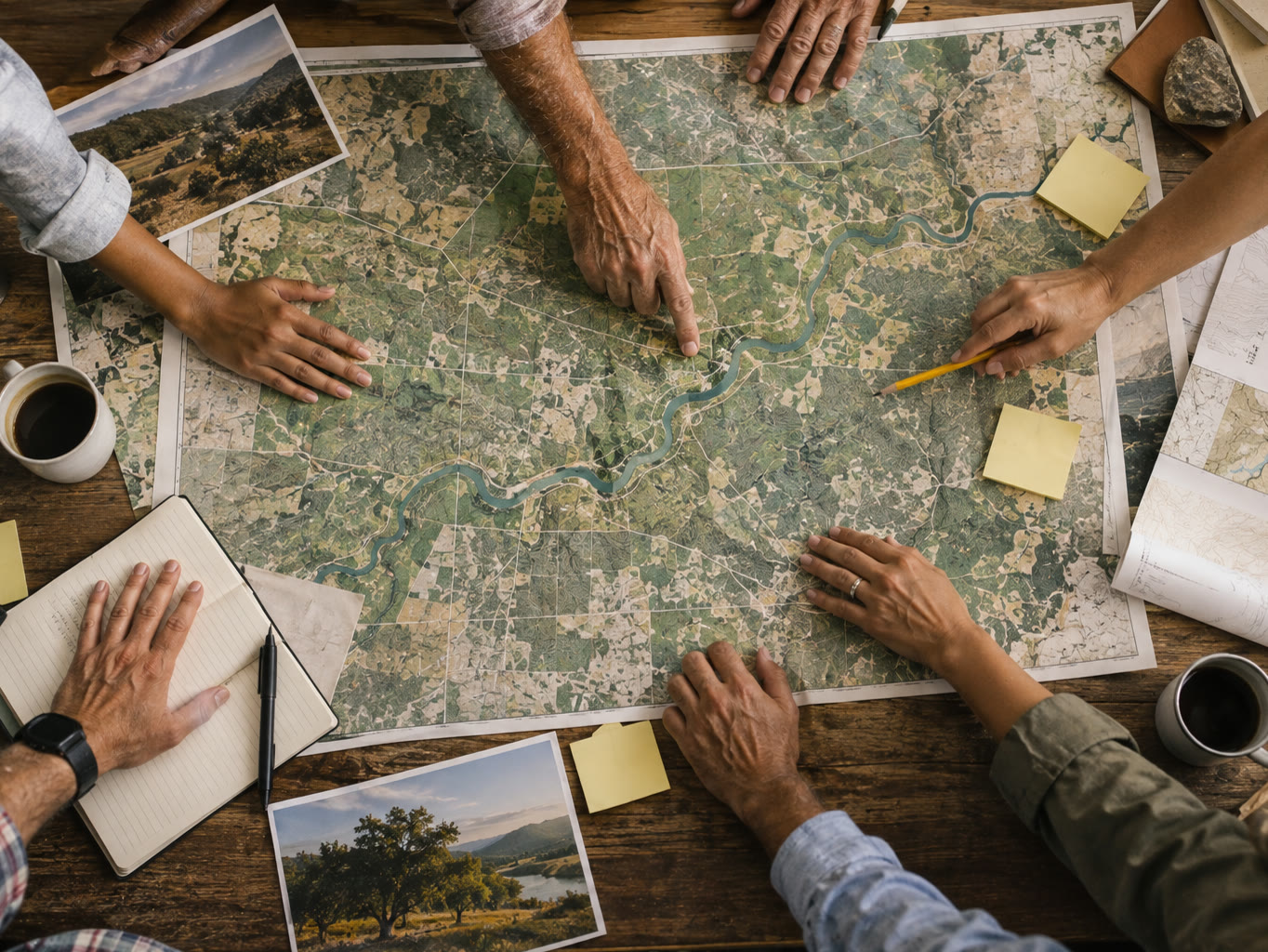 Many hands reaching across a large printed county map on a wooden table, seen from above