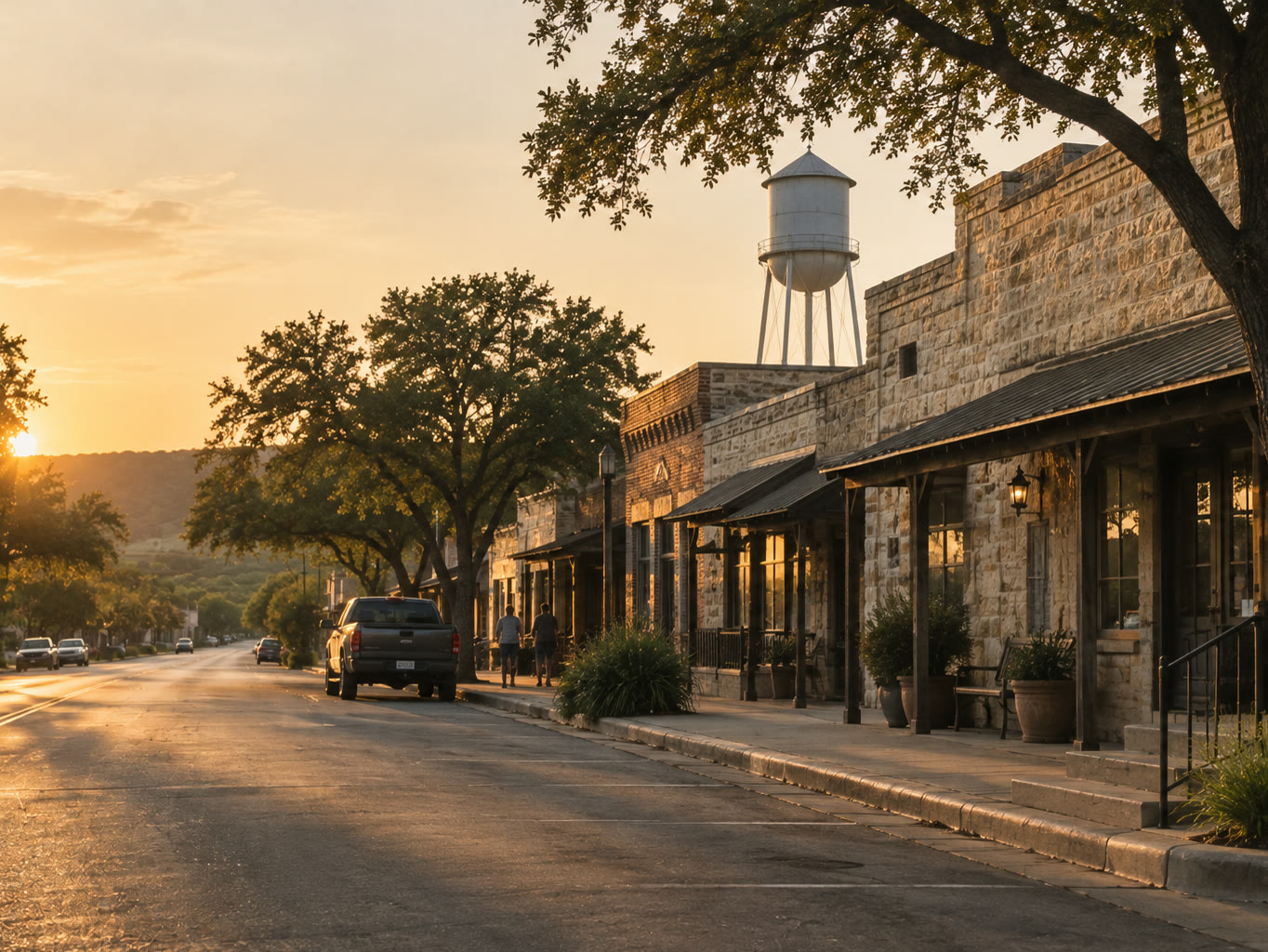 The main street of a small Hill Country town at golden hour, water tower behind the limestone storefronts