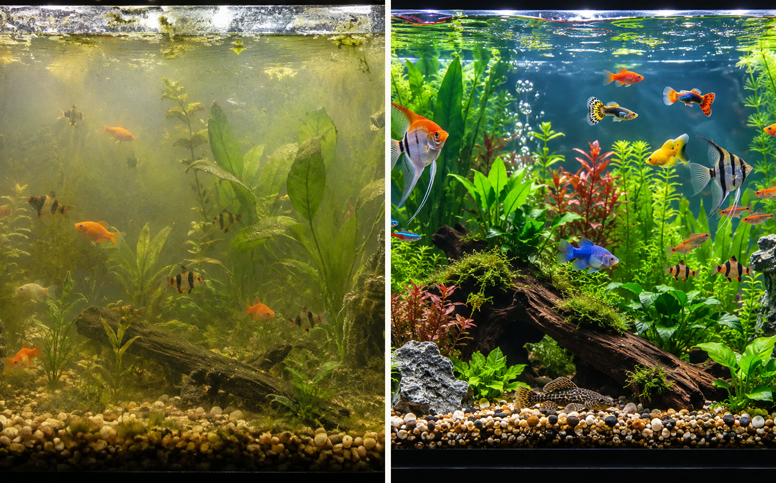 Two aquariums side by side: one murky and neglected, one clear and planted
