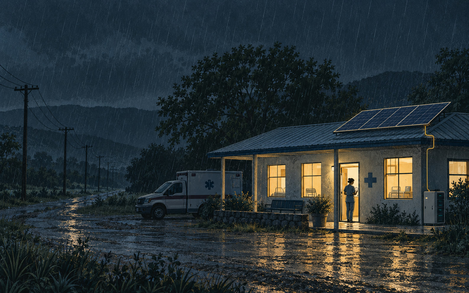 Illustration of a small clinic lit at night in the rain, powered by rooftop solar while the power lines behind hang dark