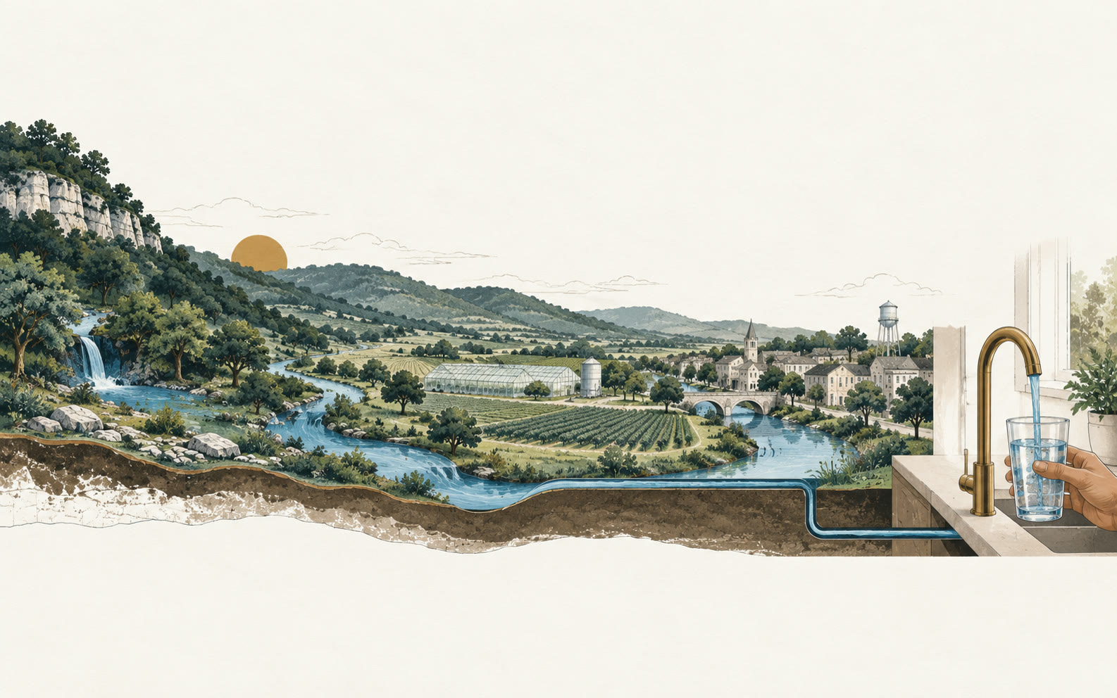 Illustrated cross-section from forested hills and a river through farmland to a town and a glass of water