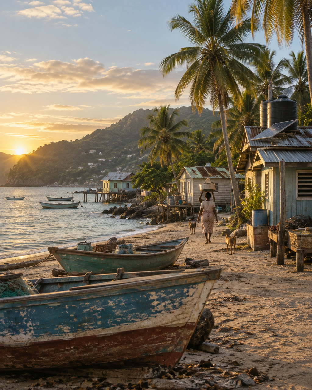 A small island fishing village at sunrise, boats drawn up on the sand