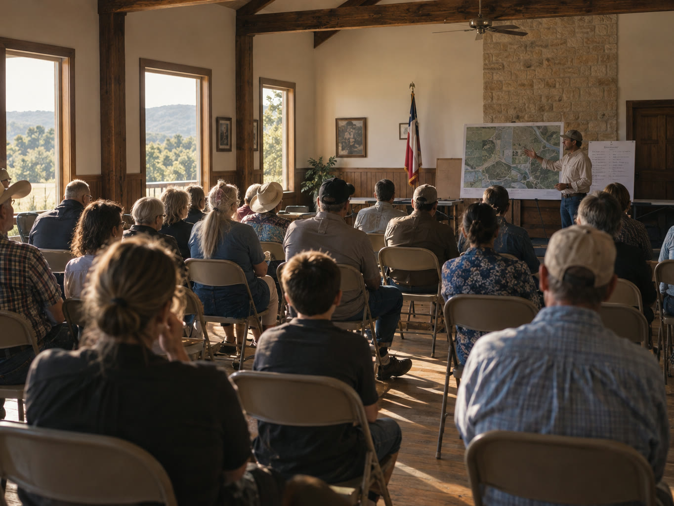 A community listening session in a Hill Country hall, seen from the back of the room