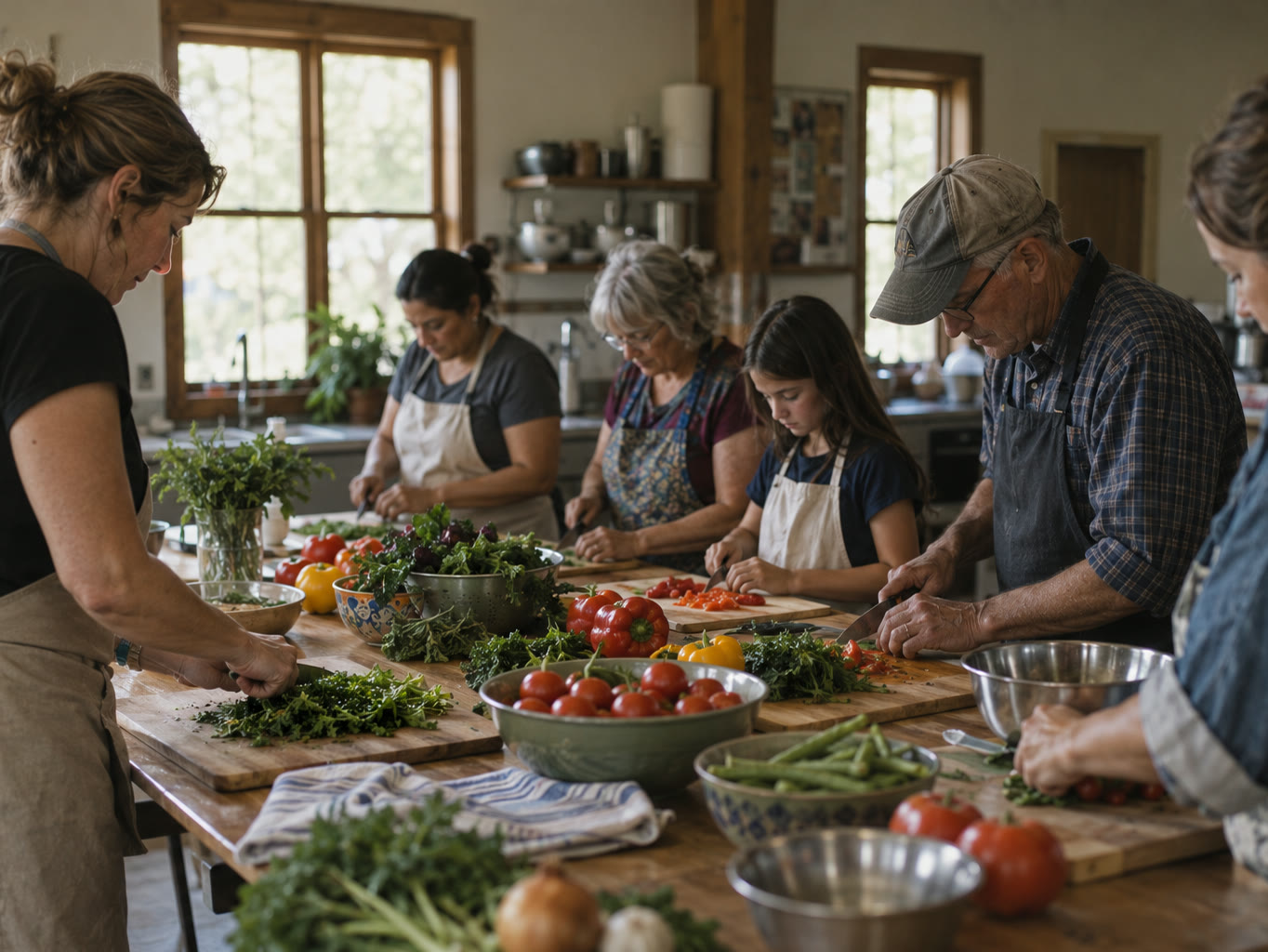 A community nutrition class chopping fresh vegetables at a long kitchen table