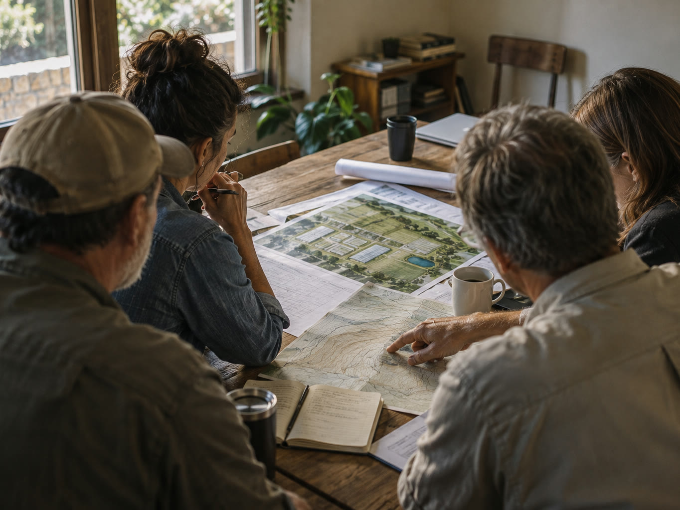 Four people around a table studying a printed site plan and a topographic map