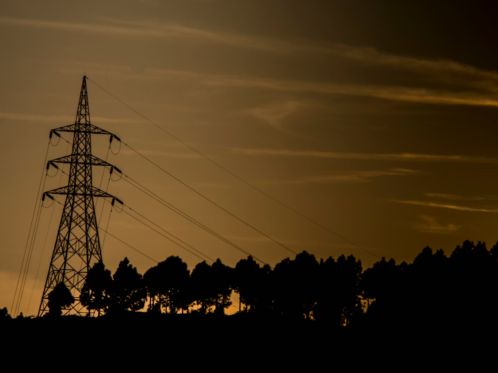 A high-voltage transmission tower and its lines silhouetted against a burnt-orange dusk sky above a line of trees