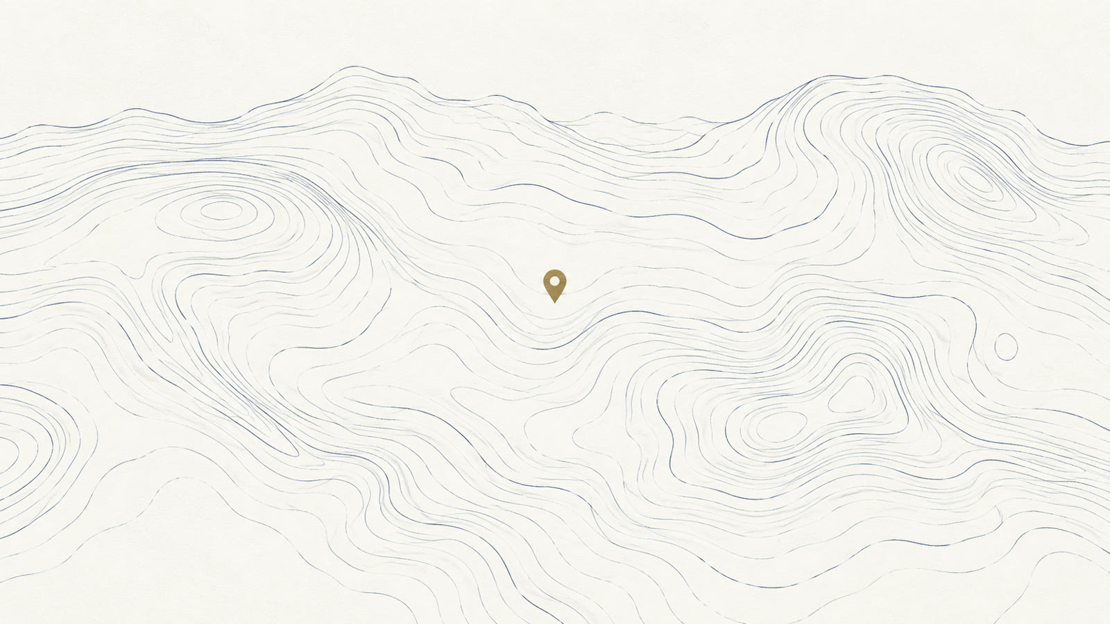 Topographic contour lines on ivory paper with a single gold map pin