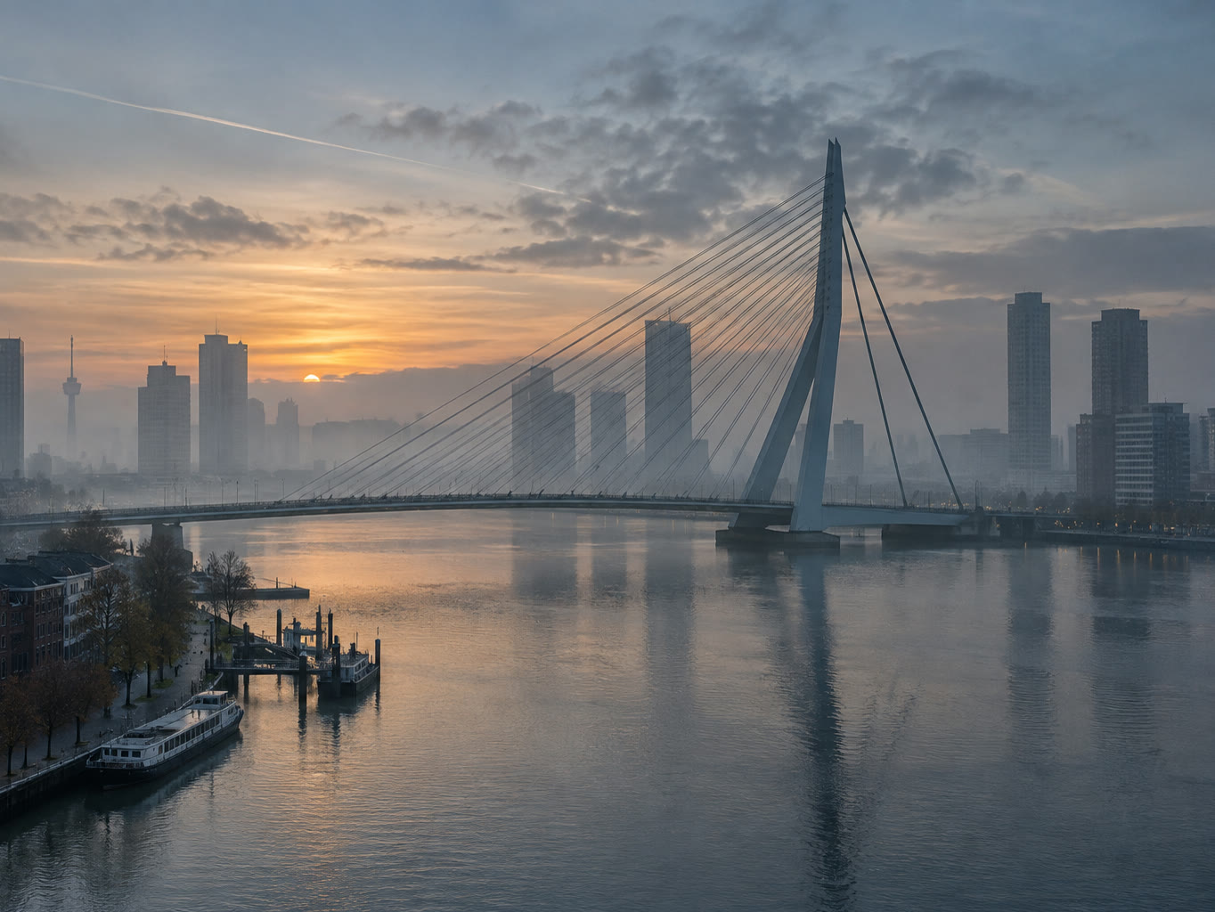 Rotterdam at dawn: the Erasmus Bridge and the Maas river in soft mist