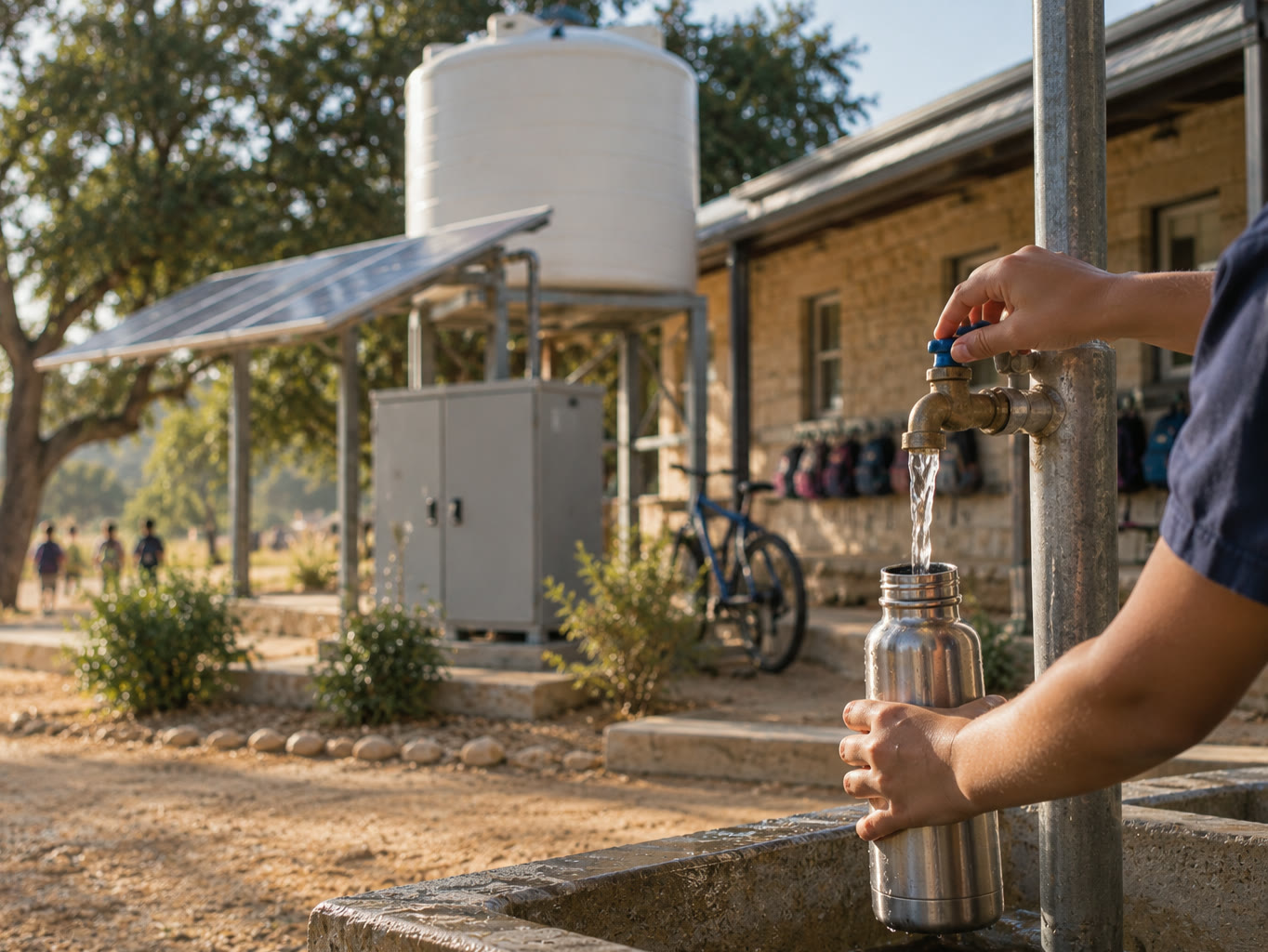 Hands filling a steel bottle at an outdoor tap outside a rural school, with a water tank and solar array behind