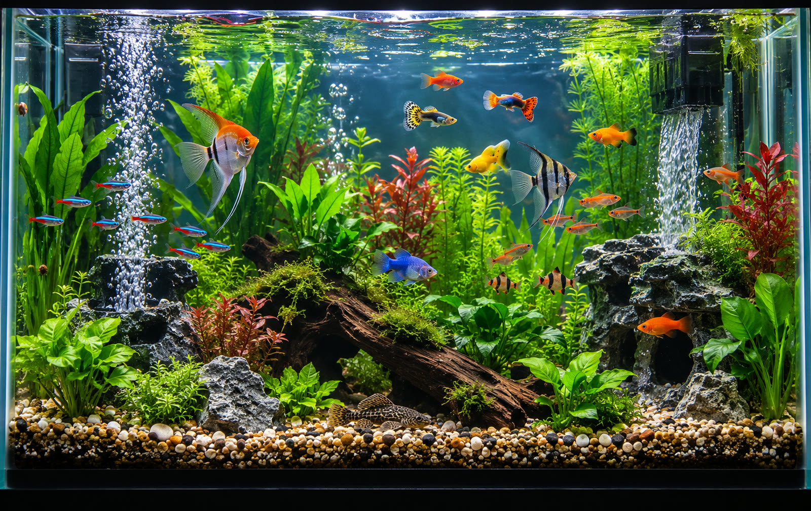 A clean, planted aquarium with clear water and bright, healthy fish