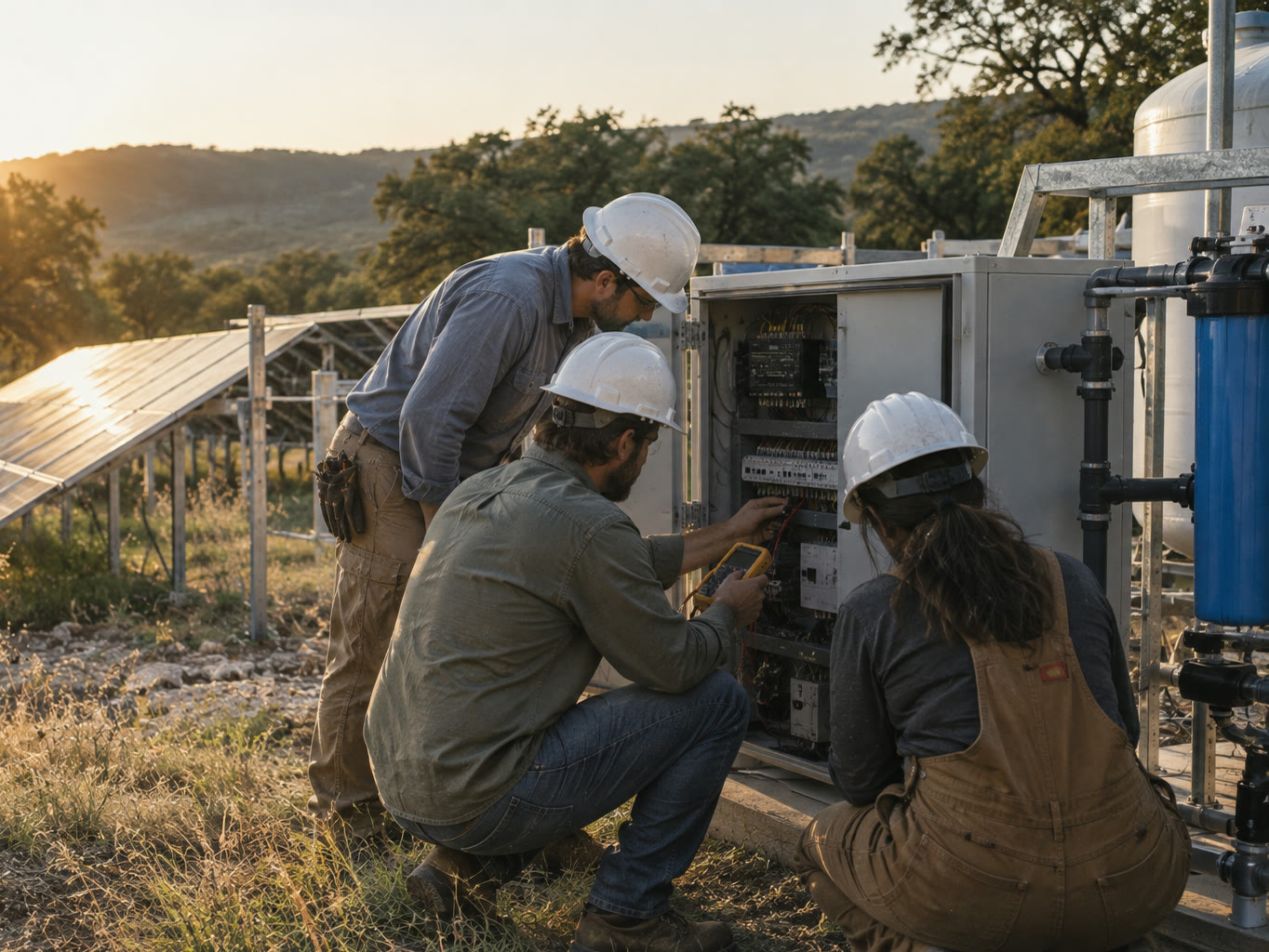 An instructor and two trainees at an open control panel beside a solar array and water-treatment cabinet